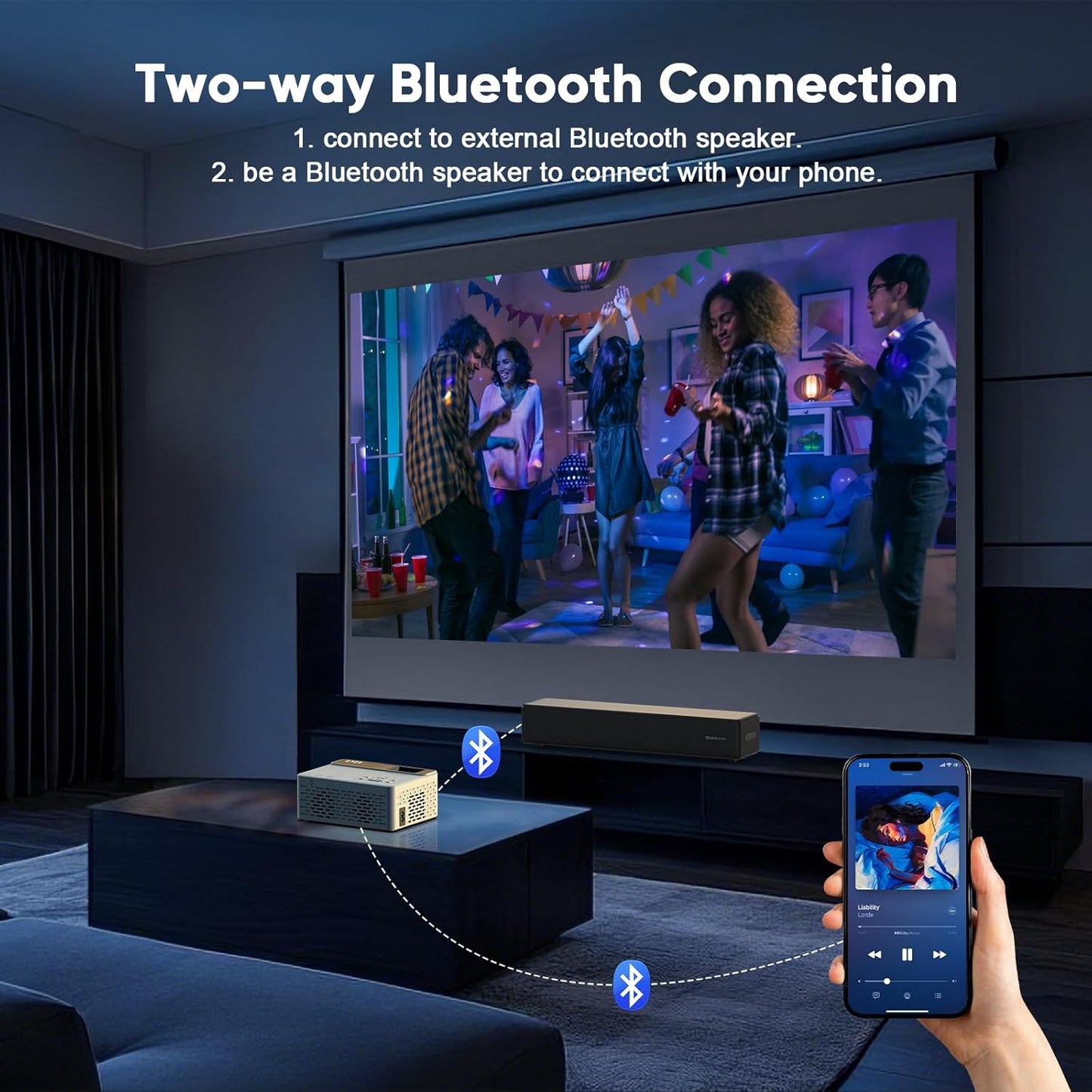 TMY 1080P Full HD Portable Mini Projector, Bluetooth Movie Projector, Compatible with TV Stick/Smartphone/PC/Game Console/HDMI/USB, Indoor & Outdoor Use, with Projector Screen