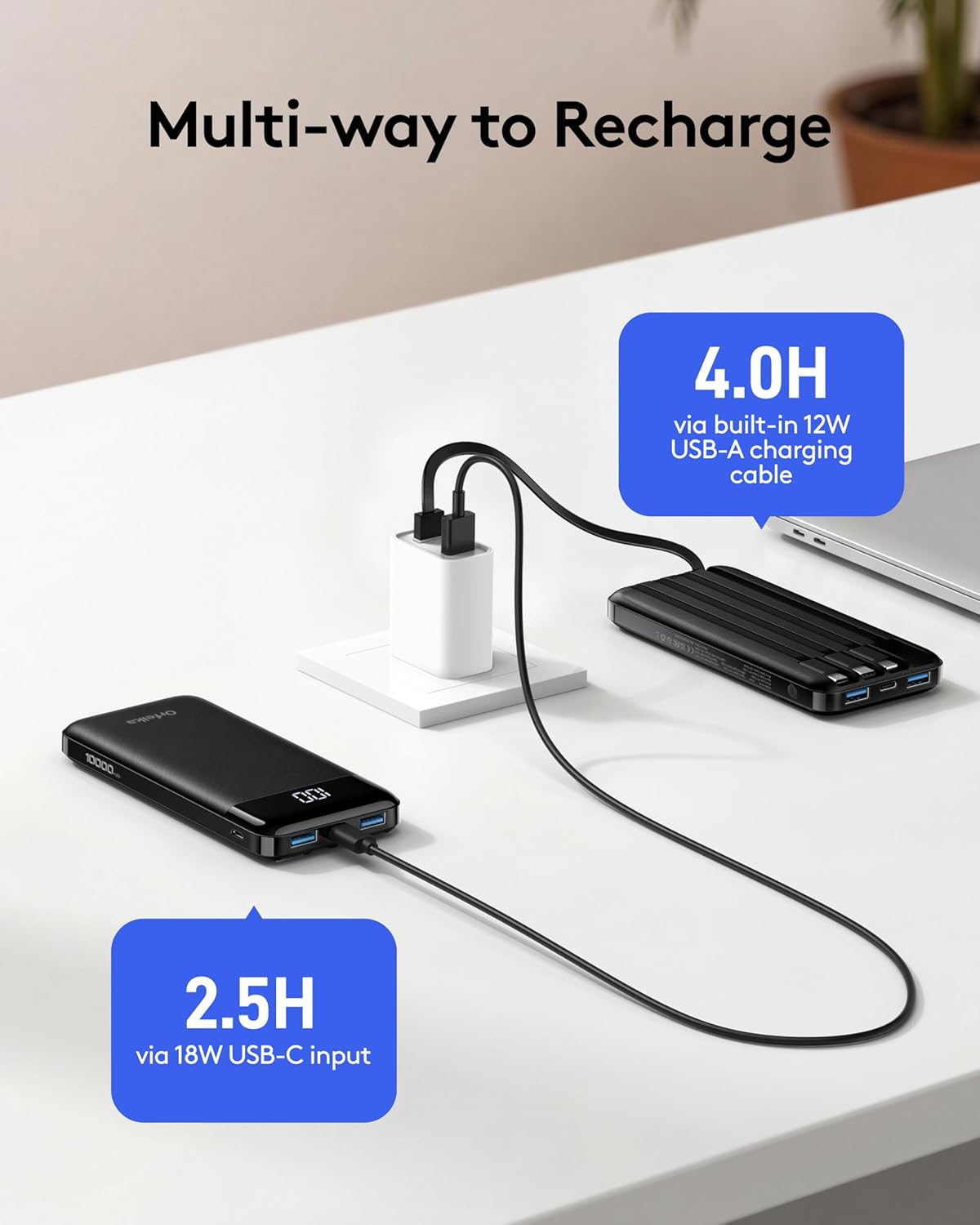 Orfeika Portable Phone Charger, 10000mAh Portable Charger 22.5W Fast Charging Power Bank with Built-in Cables, Travel Essential Battery Pack Compatible with iPhone, Samsung, Google, iPads, etc