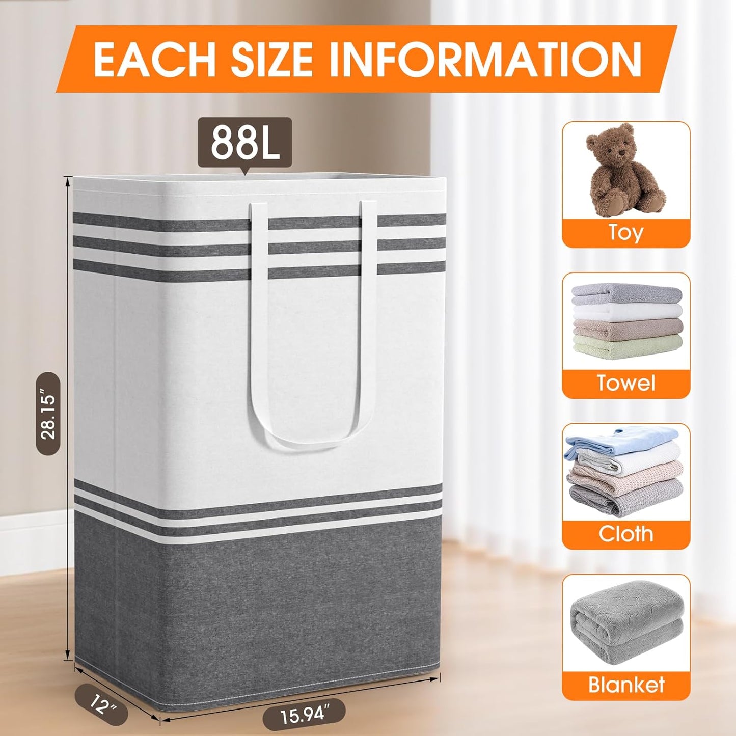 2 Pack Large Home Laundry Basket, Laundry Hamper, Freestanding Waterproof Dirty Clothes Bag, Tall Clothes Hamper - Extended & Reinforced Handles for College Dorm, Family (Light Grey/88L)