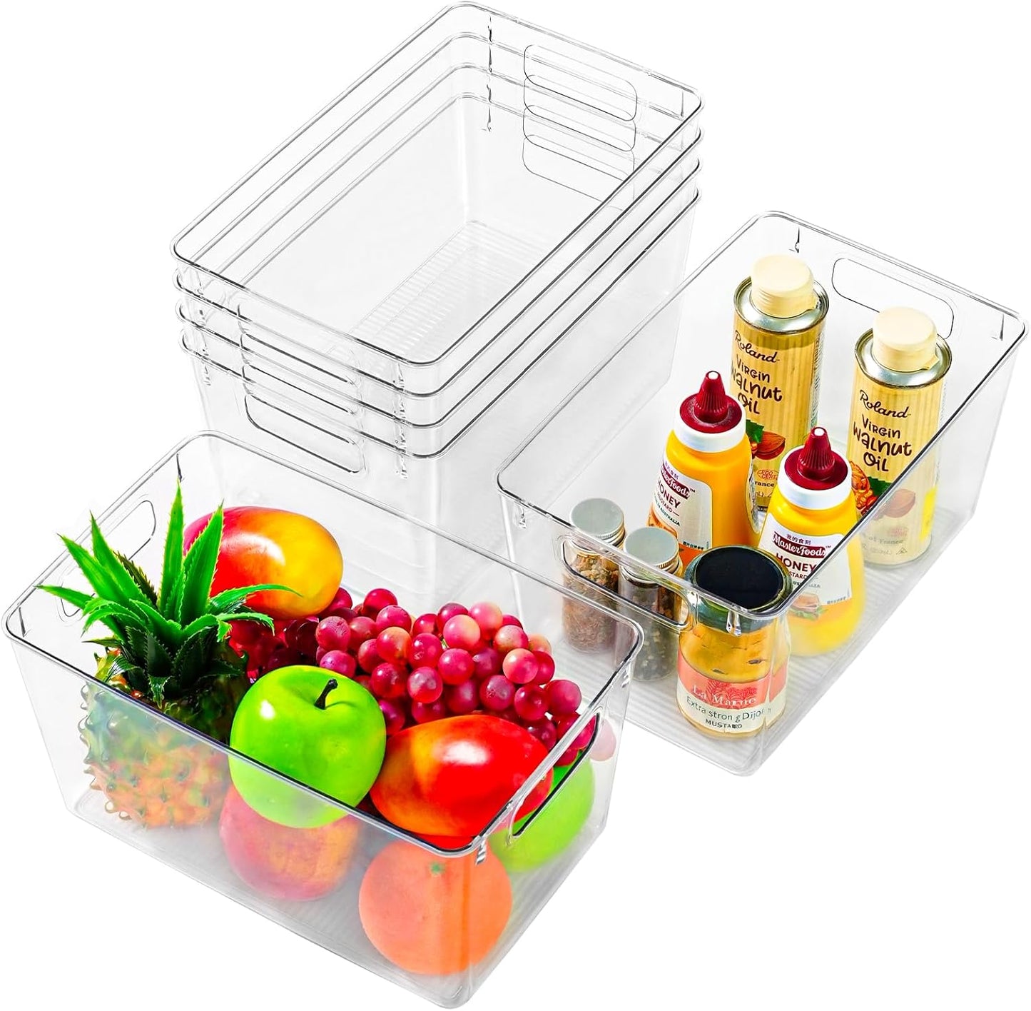 Freebat 12 Pack Middle Organizers and Storage, Pantry Organization and Storage Bins, Cabinet Organizer, Clear Plastic Storage Containers with Handle，Acrylic Storage Bins for Cabinet, Fridge