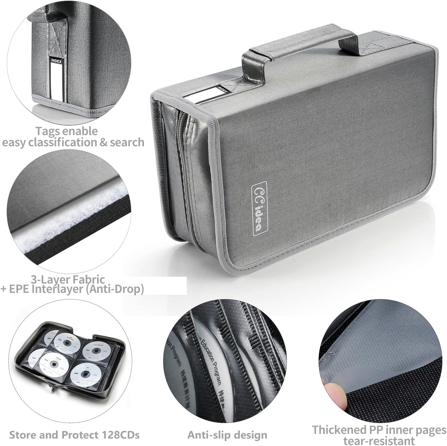 CCidea CD Case DVD Storage Holder, 128 Capacity DVD Cases Organizer CD Plastic Protective Carrying Binder,Portable Cd Wallet for Home Travel (Gray)