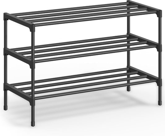 SONGMICS 3-Tier Shoe Rack for Closet, Compact Metal Shoe Organizer Shelf for Entryway, Bedroom, Small Spaces, Stackable, 11.8 x 24.5 x 19.1 Inches, Black ULSA123BH01