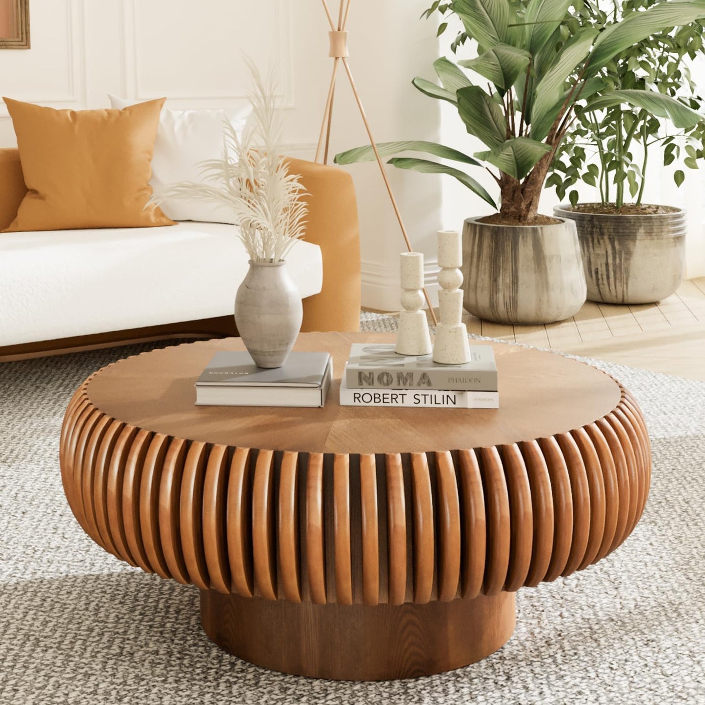 31" Brown Round Drum Wood Fluted Coffee Table (D, 1PC) | For Living Room, Wooden Grooves, Circle Pedestal Center Table, Farmhouse Modern Style, For Small Spaces, Easy Assembly