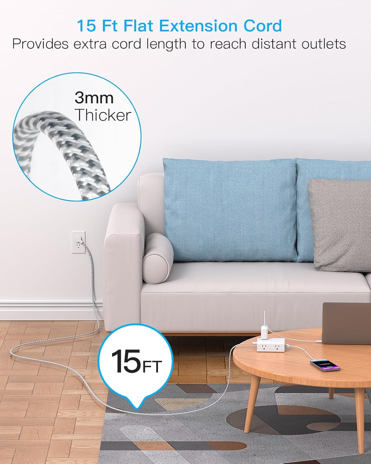 Surge Protector Power Strip 15 Ft Cord, Ultra Thin Flat Extension Cord with 8 Outlets 4 USB Ports(2 USB C), Flat Plug Power Strip, 15 Ft Long Braided Power Cord for Home, Office, Dorm Room Essentials