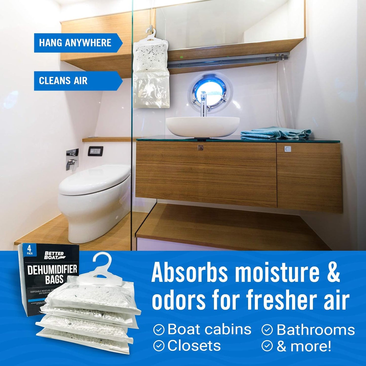 4 Pack Moisture Absorber Hanging Bags, Boat Dehumidifier with Charcoal, Unscented, Removes Dampness and Musty Odors, Ideal for Basement, Closet, Home, Car, RV, and Boating