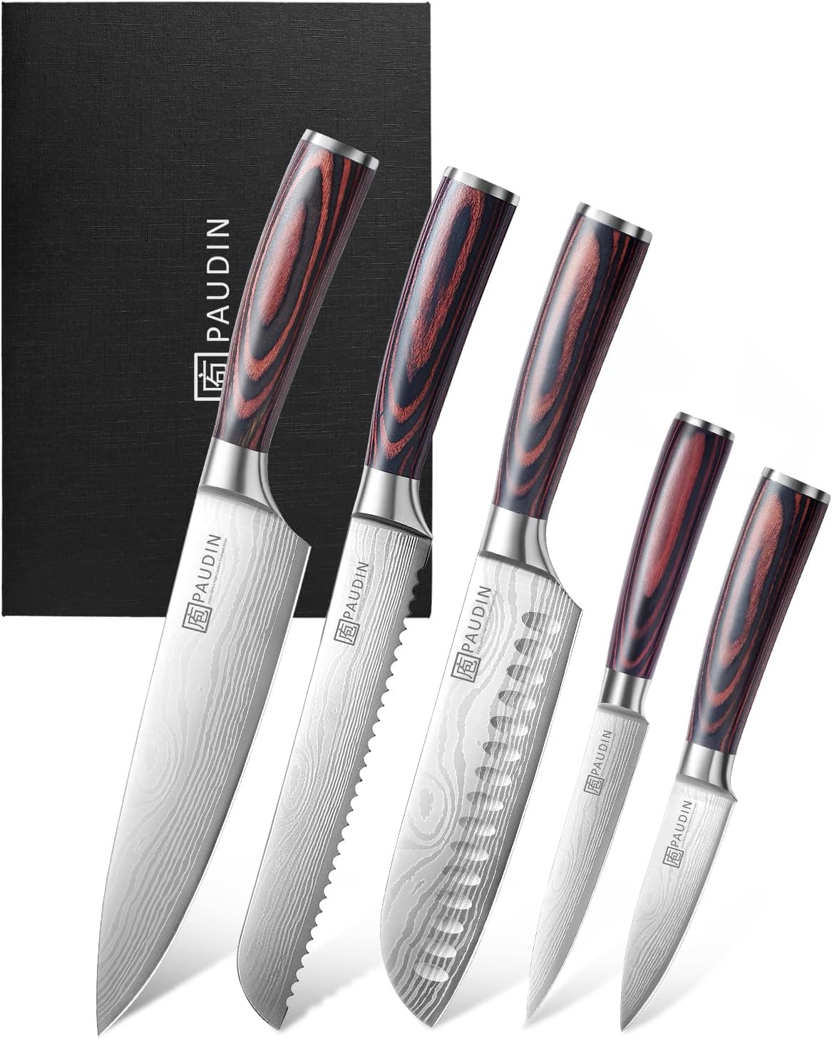 PAUDIN Knife Set, 5PCS Kitchen Knife Set without Block, Stainless Steel Chef Knife Set with Pakkawood Handle, Professional Kitchen Gift Sets for Cooking Lovers & Farther's Day