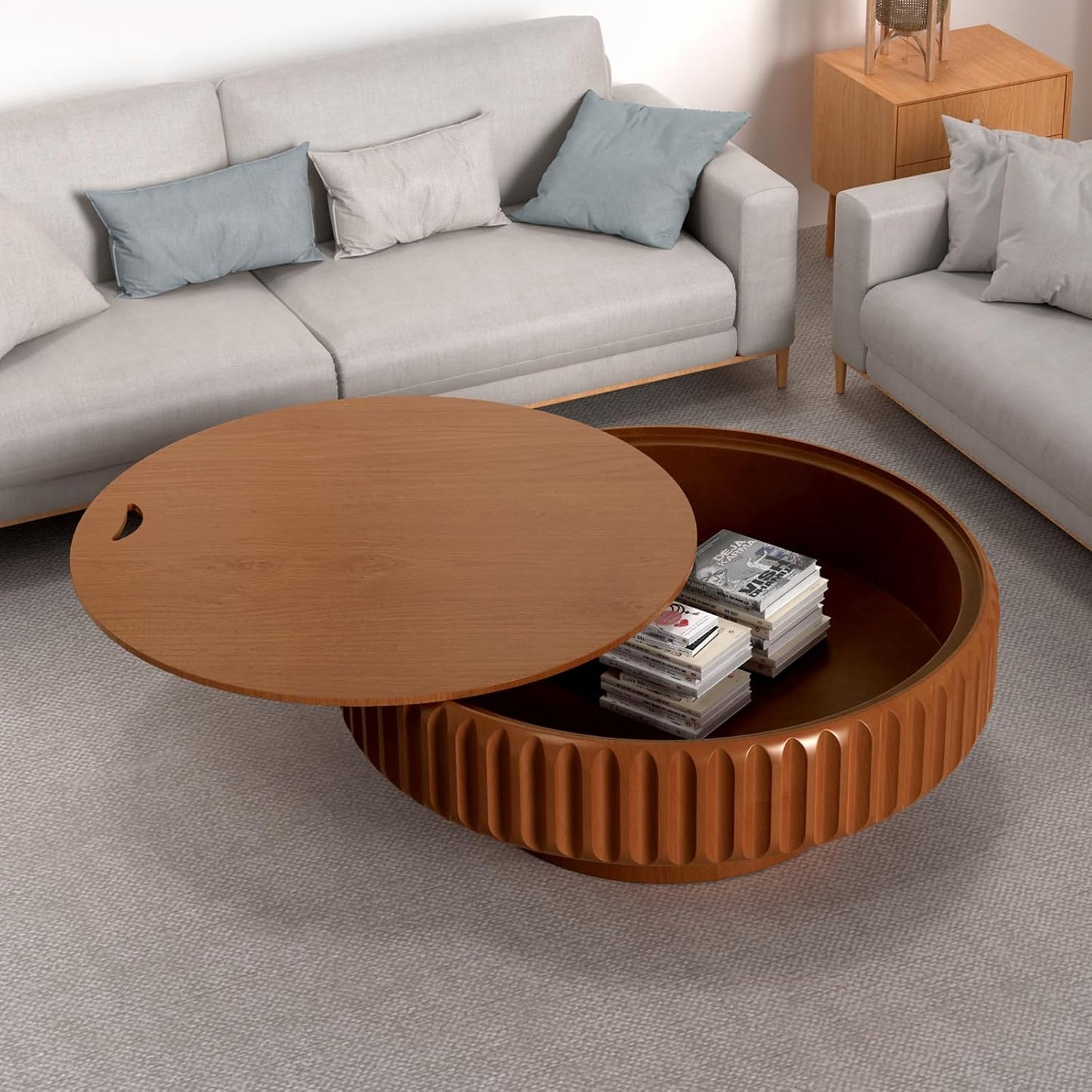 Round Coffee Table with Storage (Brown 39.37") | Handcraft Fluted Drum, Modern Circle Wooden Coffee Table, Cocktail Table for Living Room, Home Office Apartment