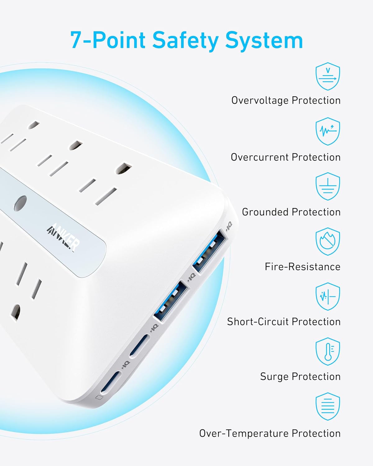 Anker Outlet Extender, Power Strip with 300J Surge Protector, 10-in-1 with 6 AC, 2 USB A, 2 USB C Ports, Wide-Spaces Outlets and 20W Fast Charging, Dorm Room Essentials