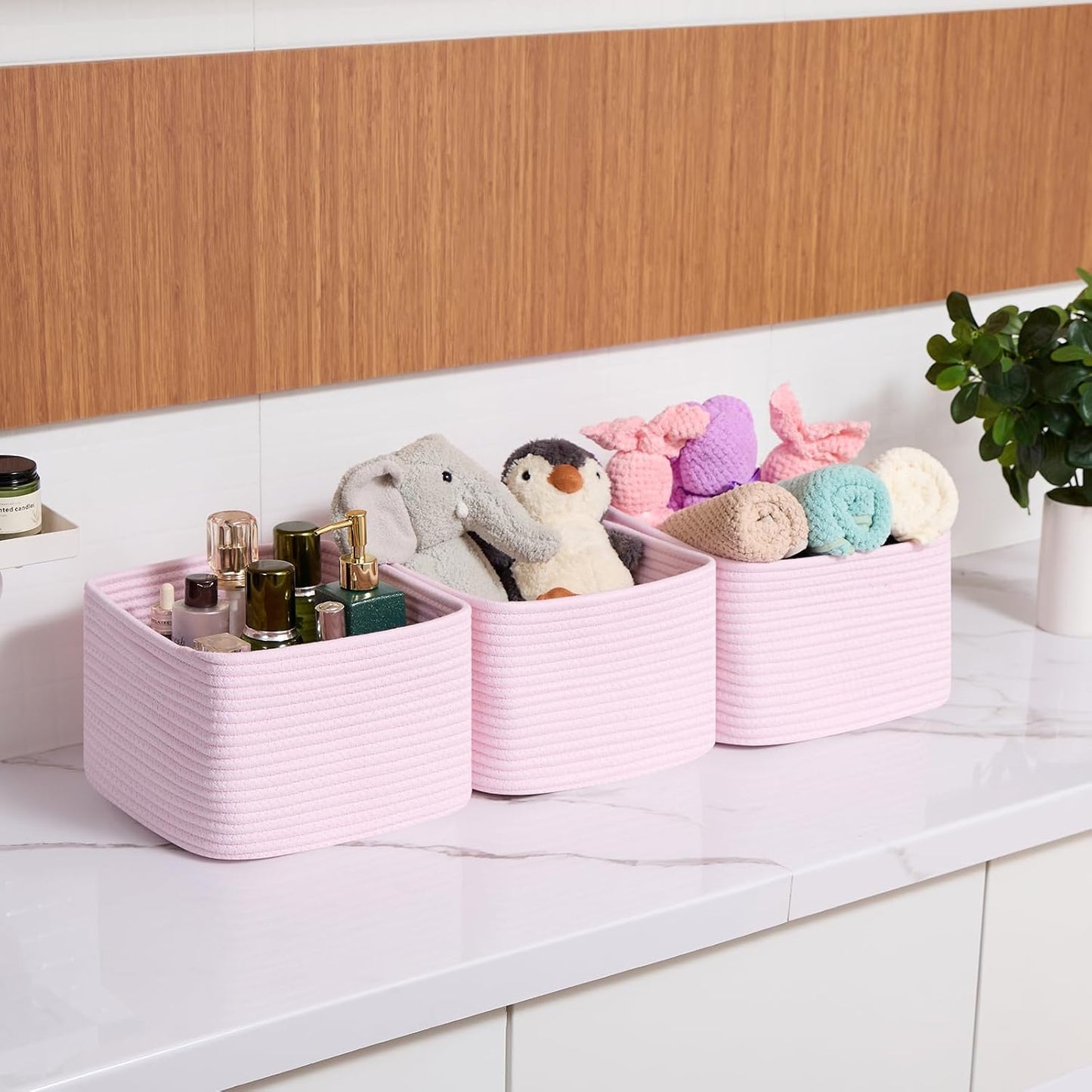 MiniArk Small Organizing Baskets for Cubes Shelf, 9.7x9.7x7.1 Inch Rope Woven Storage Bins for Nursery Shelves Storage, Cute Toy Basket, Square 3 Packs Light Pink