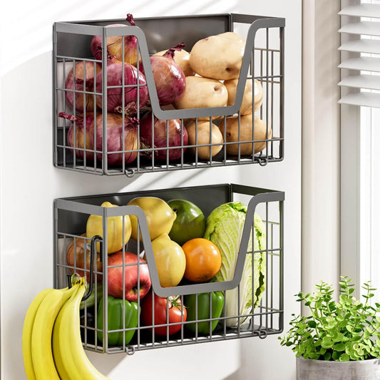 Grey Magnetic Shelf for Fridge, 2 Set Potato and Onion Storage Bins, Magnetic Fruit Basket for Fridge Pantry Organizers & Storage, Magnetic Spice Rack for Refrigerator Kitchen Counter, Cabinet