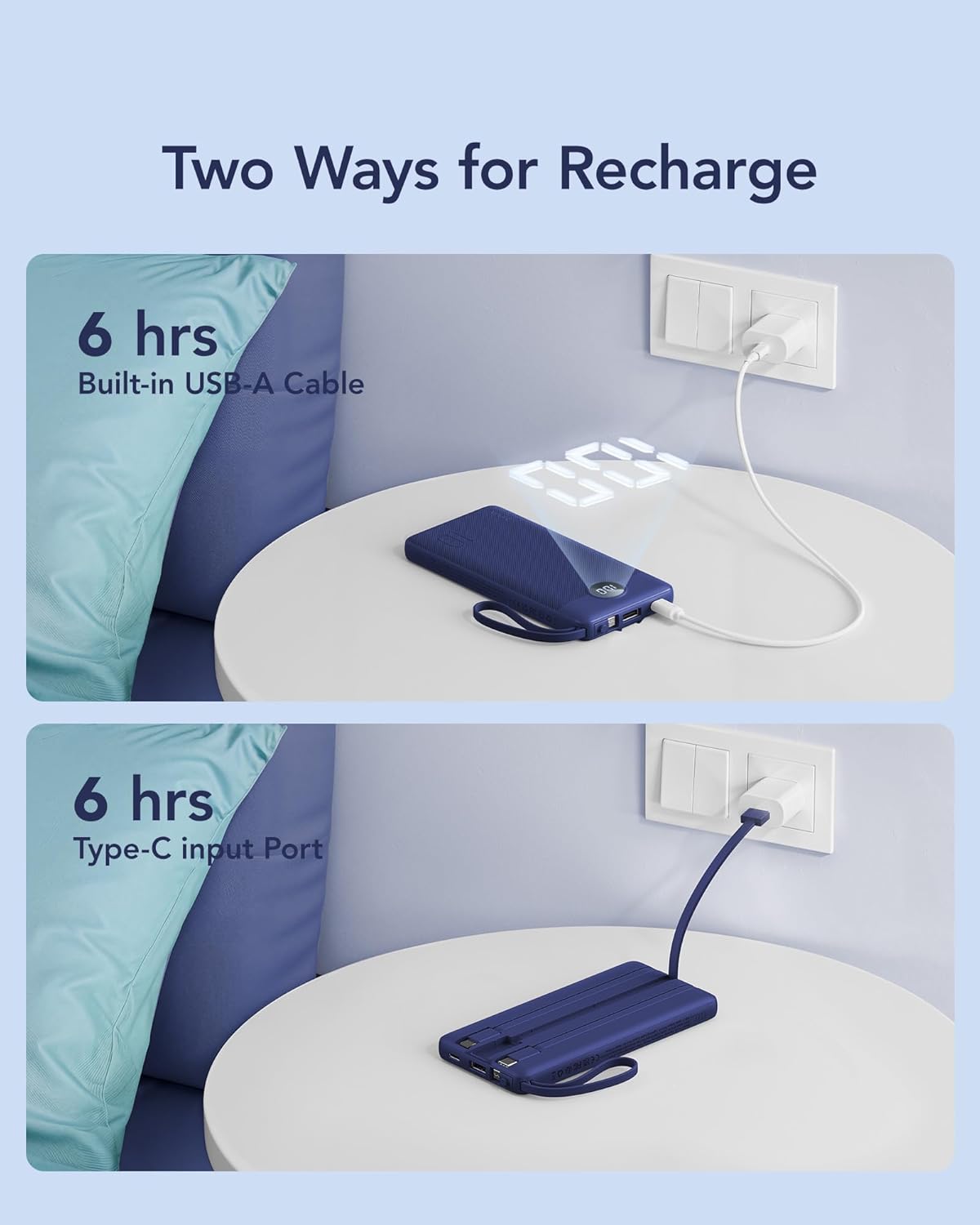 VRURC Portable Charger, Built in 4 Cables & Lanyard Power Bank 10000mAh, Compact USB C Phone Charging Bank 5 Outputs for Multi Devices,Travel Essential for Hiking Camping Business-Navy(1 Pack)