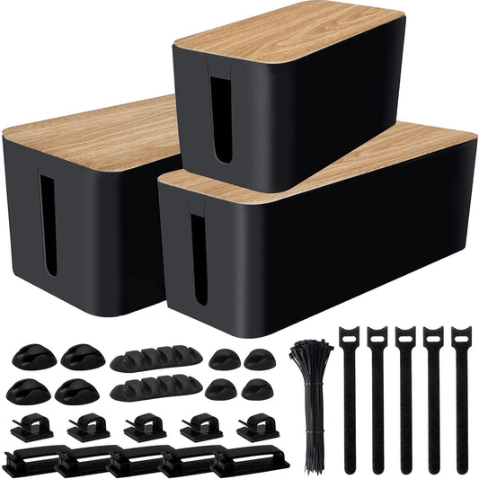 128PCS Cable Management Box 3Pack Cable Management Kit for Power Strip to Hide Wires,Cord Hider Boxes,Cord Box Safe ABS Material Wire Organizer of Cable Clips Sleeve for Home & Office, Black
