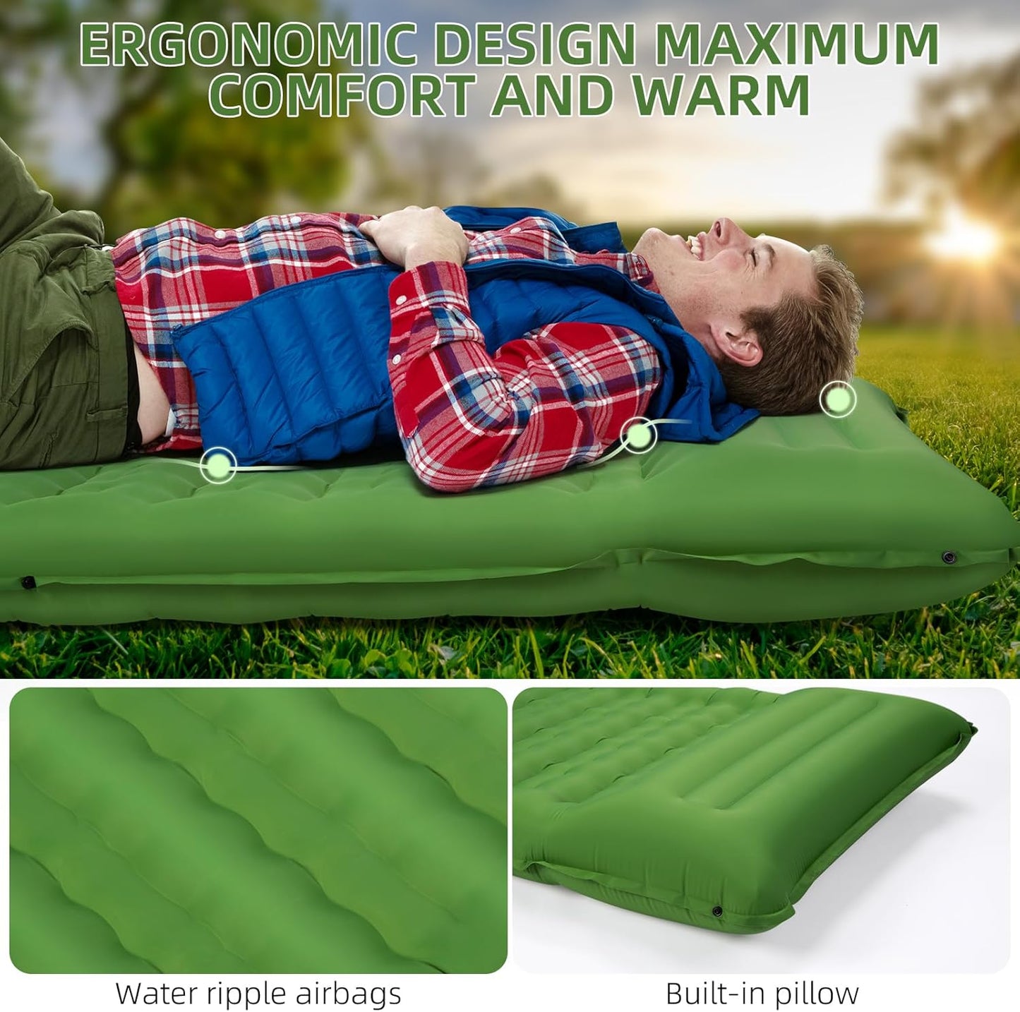 FNARMW Camping Sleeping Pad, Extra Thick 5 Inch Camping Mat with Pillow Built-in Foot Pump Inflatable Sleeping Pads Compact for Camping Backpacking Hiking Traveling Tent（Green）
