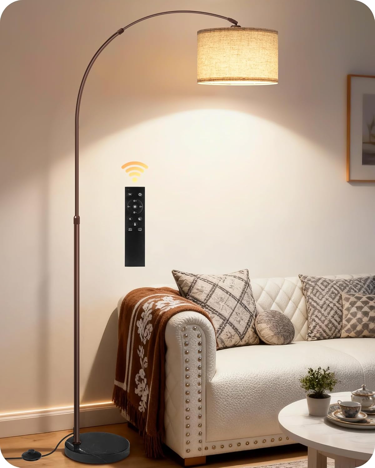 75" Arc Floor Lamp with Marble Base and Adjustable Height, Rotating Hanging Shade, Dimmable Floor Lamp for Living Room with Remote and Foot Switch, 3CCT, Over Couch Arched Light, Beige Brown VE15LD05