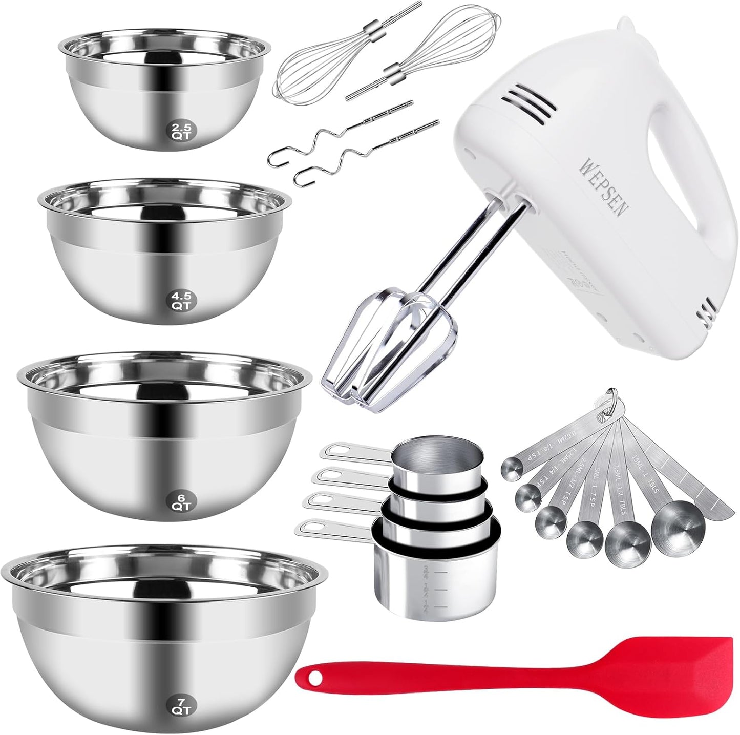WEPSEN 5-Speed Electric Hand Mixer, 4 Large Mixing Bowls Set, Handheld Mixers with Whisks Beater, Stainless Steel Metal Nesting Bowl Measuring Cups Spoons Kitchen Cake Blender for Baking Supplies