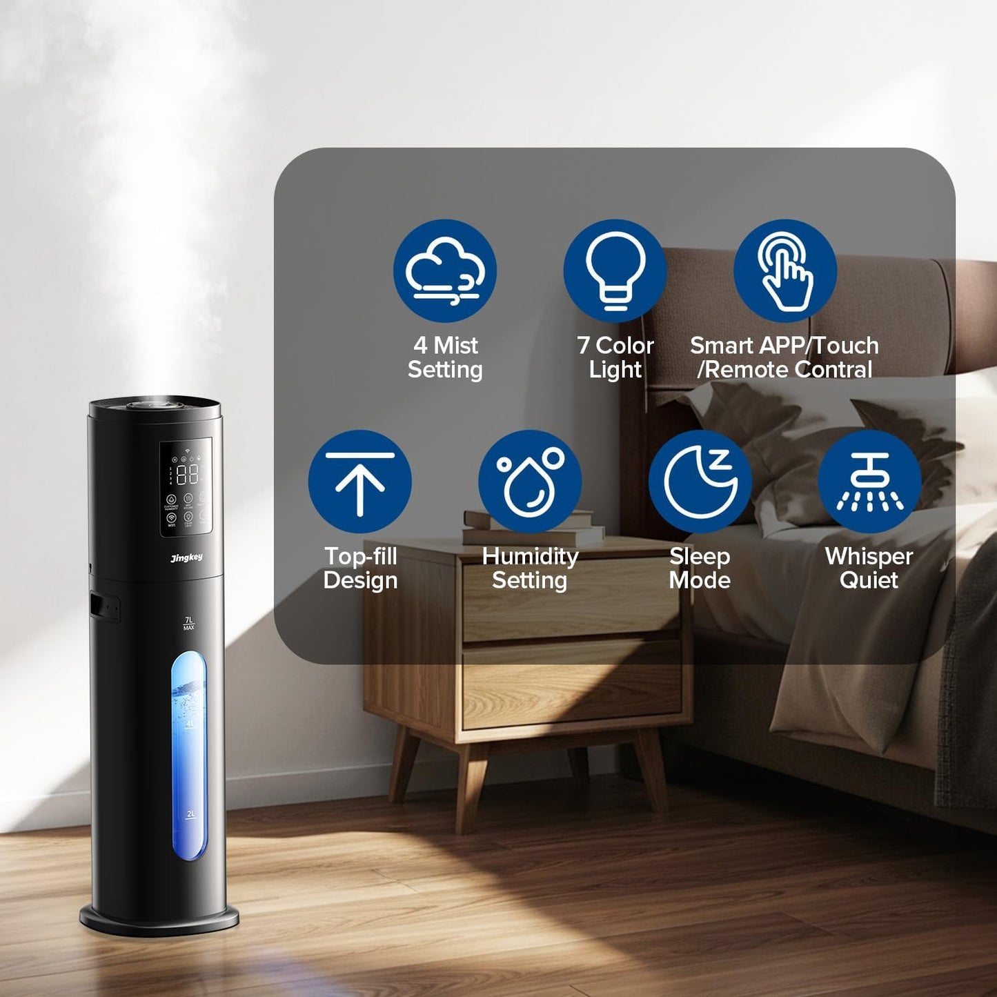 Humidifiers for Bedroom Large Room with 7L/1.85Gal Large Humidifier, 24H Timer Smart App & Remote Control, 4 Mist Levels Room Humidifier for Bedroom Crow