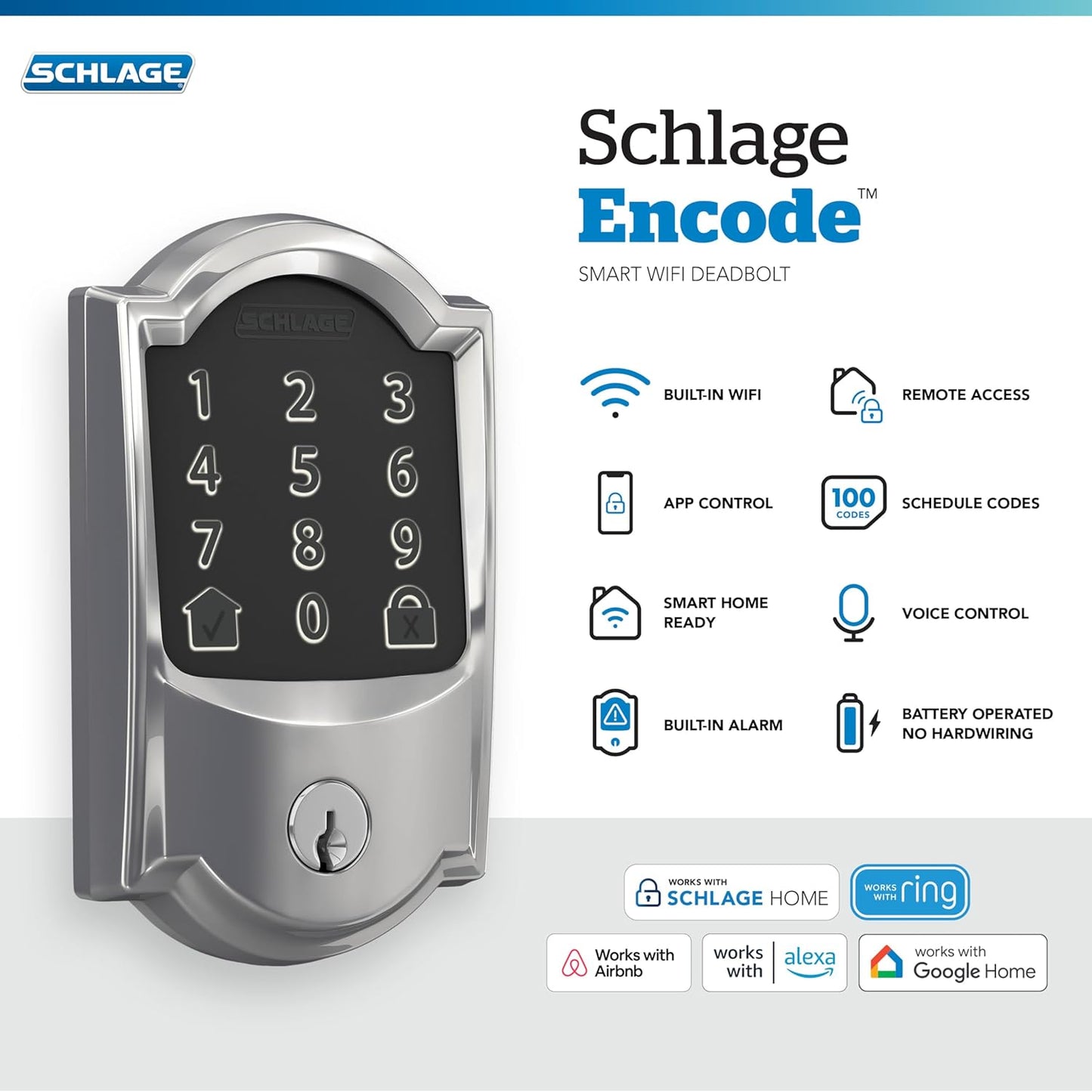 Schlage Encode Smart Wi-Fi Deadbolt Lock with Touchscreen Keypad, Keyless Front Door Entry, App Control, Alexa, Google Home and Airbnb Compatible, Bright Chrome, BE489WB CAM 625