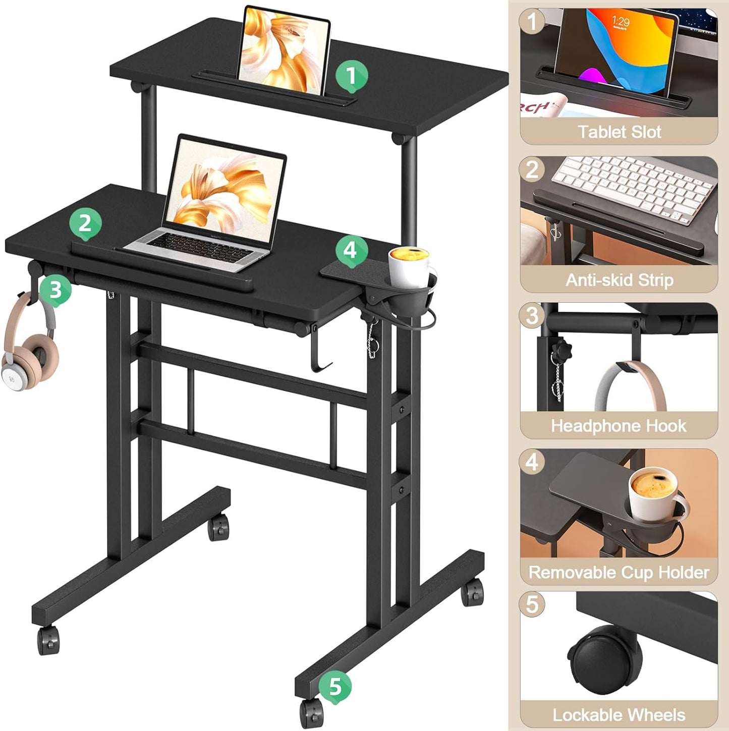 Klvied Height Adjustable Mobile Standing Desk, Tiltable Laptop Desk with Cup Holder & Hook, Portable Rolling Desk with Lockable Casters, Home Office Workstation for Standing/Sitting, Black