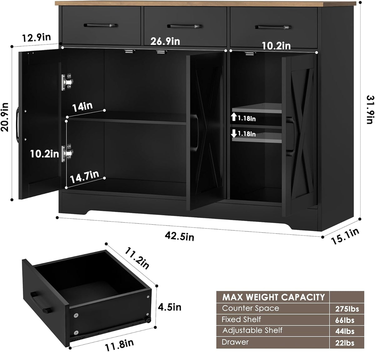 HOSTACK Kitchen Buffet Cabinet with Storage, Sideboard Coffee Bar, Black | Farmhouse Kitchen Storage Cabinet with 3 Drawers & Adjustable Shelf & Doors, 42.5"W Buffet Table for Dining Living Room