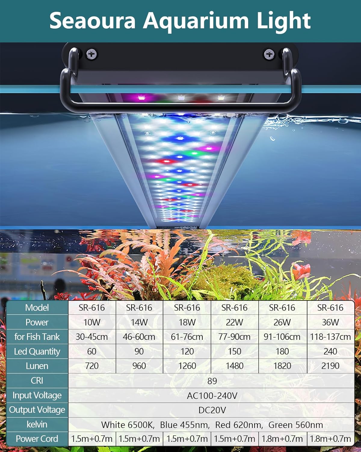SEAOURA Led Aquarium Light for Plants-Full Spectrum Fish Tank Light with Timer Auto On/Off, 18-24 Inch, Adjustable Brightness, White Blue Red Green Pink LEDs with Extendable Brackets for Freshwater