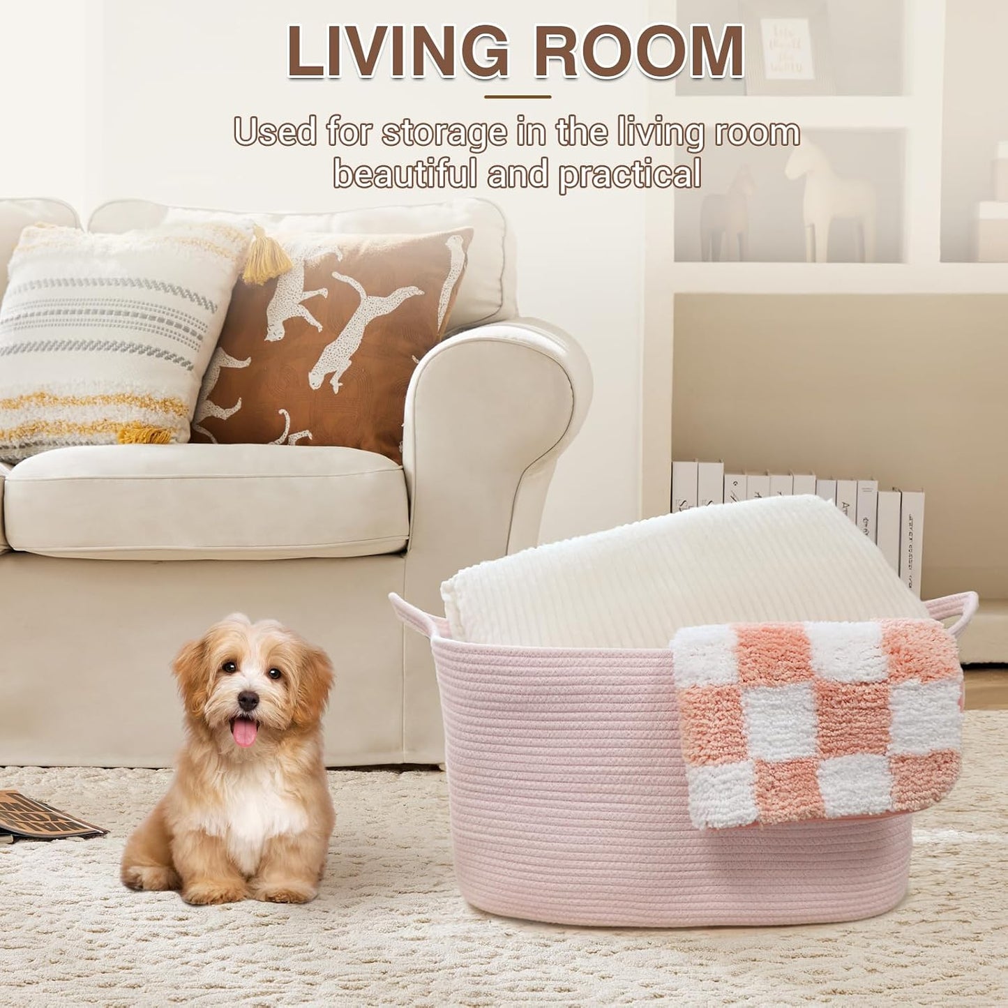 YOUDENOVA Large Blanket Basket, Rectangle Cotton Rope Storage Basket, Pink | 21.6''×14.9''×11.8'' Nursery Laundry Hamper for Storage Clothes Organizing, Woven Basket, Dirty Clothes Organizer Bins