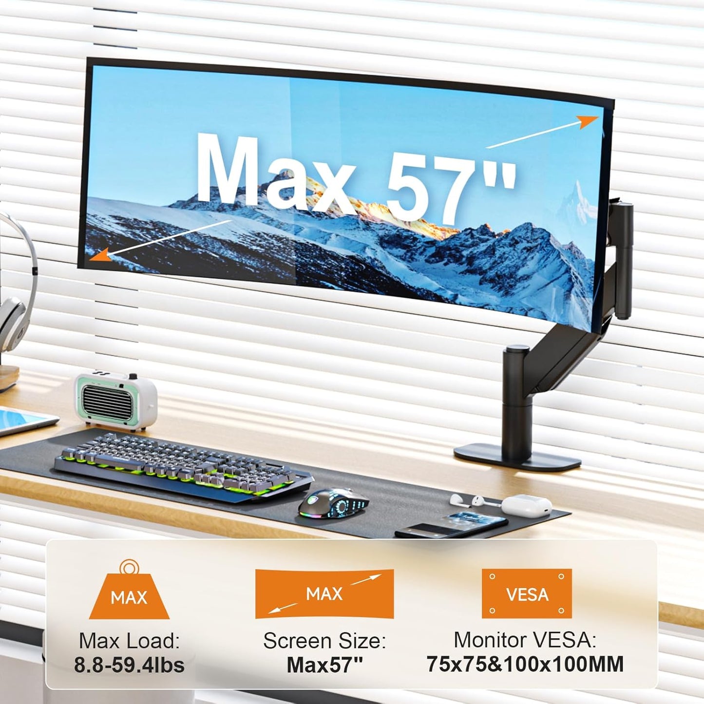 Suptek Single Monitor Arm for 27–57 Inch Ultrawide Large Screen Monitors, Heavy Duty Gas Spring Desk Mount with Tilt Swivel, VESA 75/100, Supports 59.4 lbs, Clamp & Grommet, MD71MAX