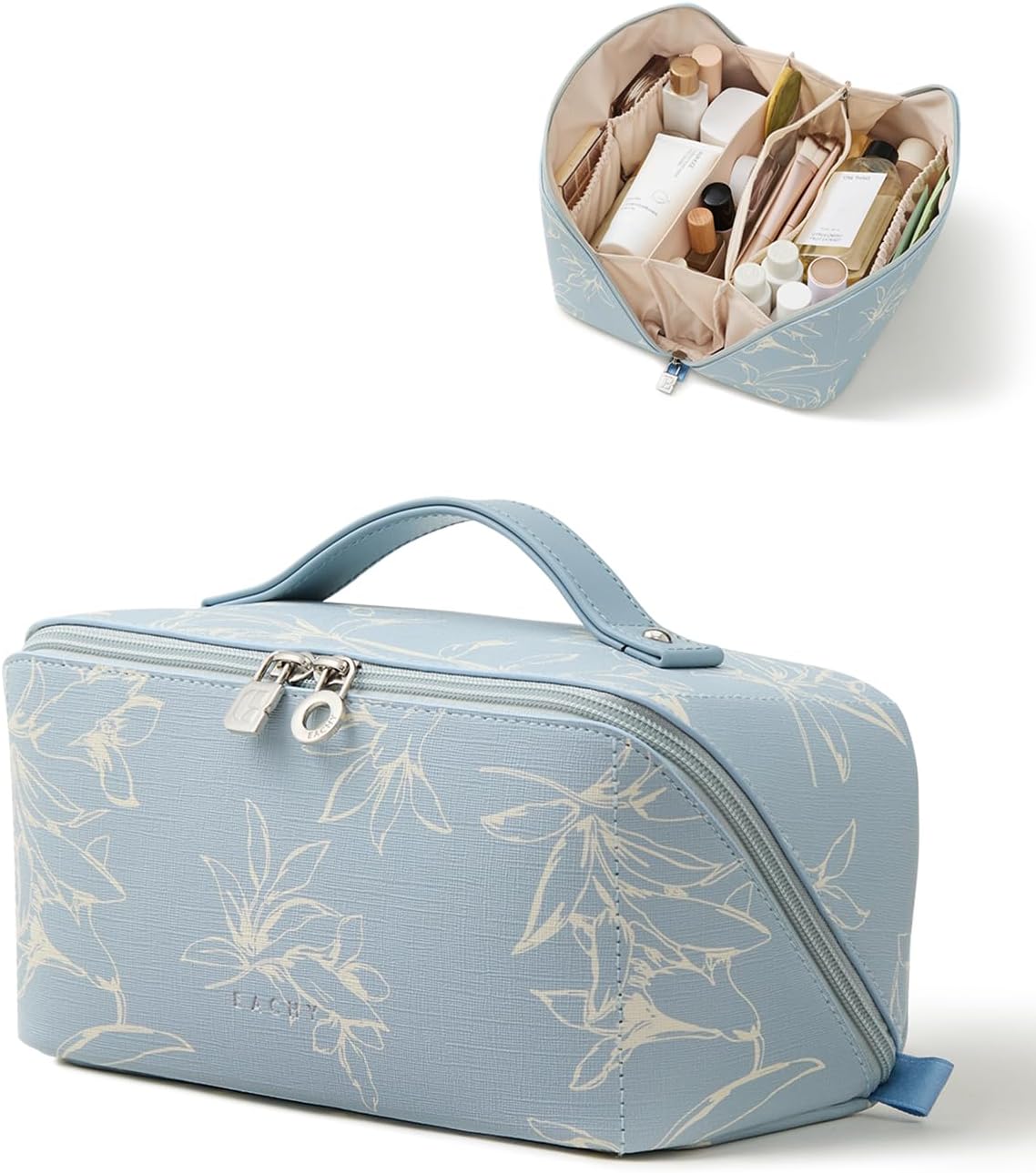 EACHY Travel Makeup Bag,Large Capacity Cosmetic Bags for Women,Waterproof Portable Pouch Open Flat Toiletry Bag Pattern Makeup Bag (F-Blue-Large)