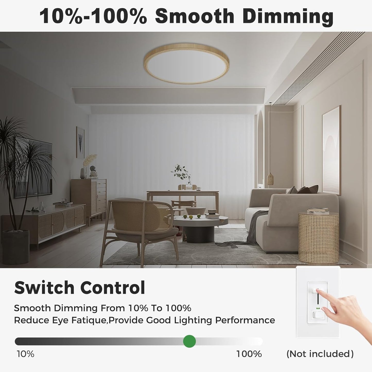 zemty 1Pack 12 inch Faux Wood LED Flush Mount Ceiling Lights, Dimmable 5 Color Temp (3000K-6500K), 24W 2400LM Bright Round Light Fixture for Livingroom Bedroom Diningroom Kitchen
