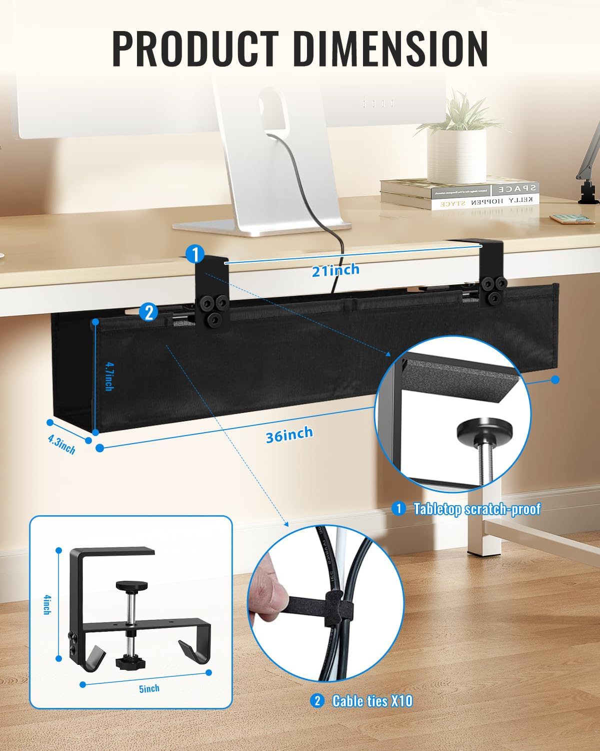 No Drill Under Desk Cable Management Tray, Cord Organizer for Table 36" | Upgraded Oxford Fabric, Cable Loop, for Home, for Office