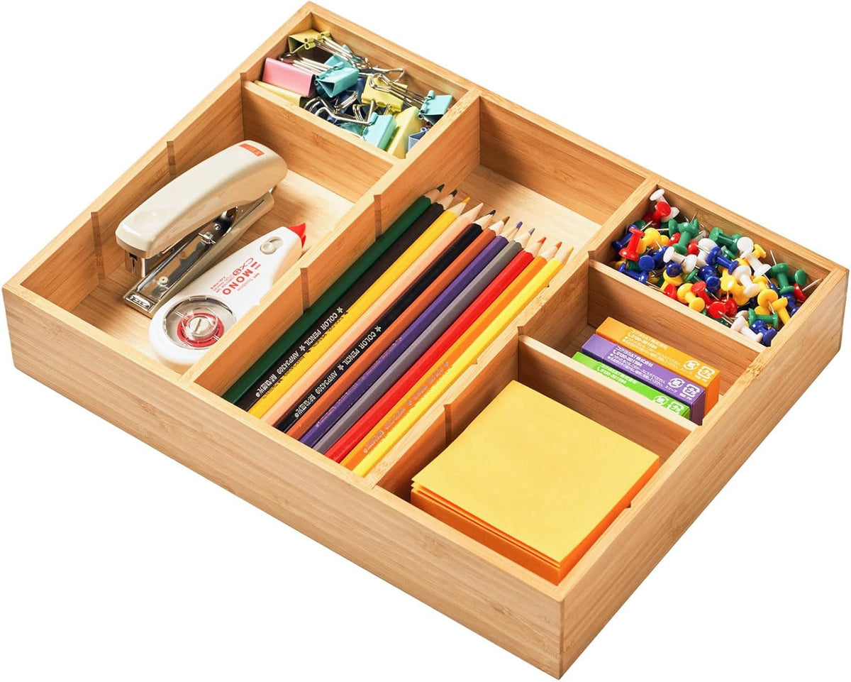 Umilife Extra Large Bamboo Desk Drawer Organizer, Wood Junk Organizer Tray with Adjustable Dividers, Anti-Skip Storage Organization in Office Bathroom Drawer for Vanity, Makeup, 17" x 12"