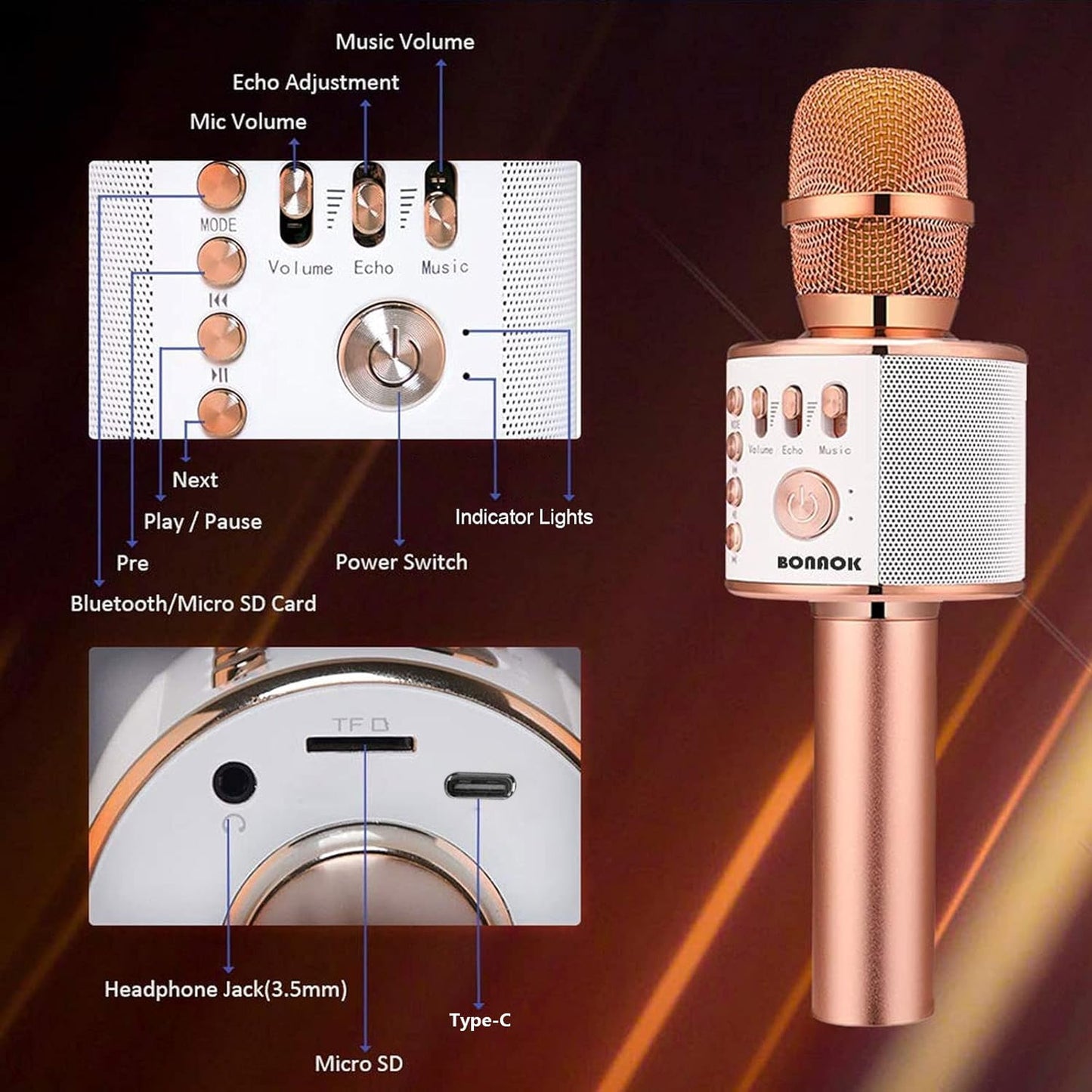 BONAOK Wireless Bluetooth Karaoke Microphone,3-in-1 Portable Handheld Karaoke Mic Speaker Machine Home Party Birthday for All Smartphones PC(Q37 Rose Gold)