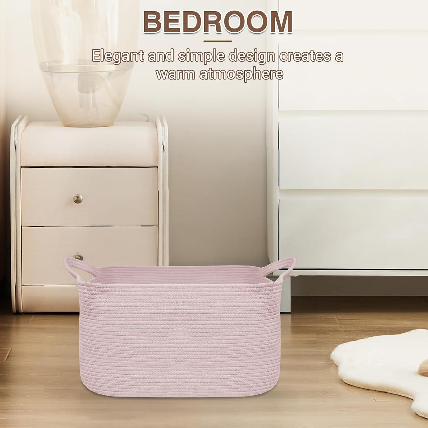 YOUDENOVA Large Blanket Basket, Rectangle Cotton Rope Storage Basket, Pink | 21.6''×14.9''×11.8'' Nursery Laundry Hamper for Storage Clothes Organizing, Woven Basket, Dirty Clothes Organizer Bins
