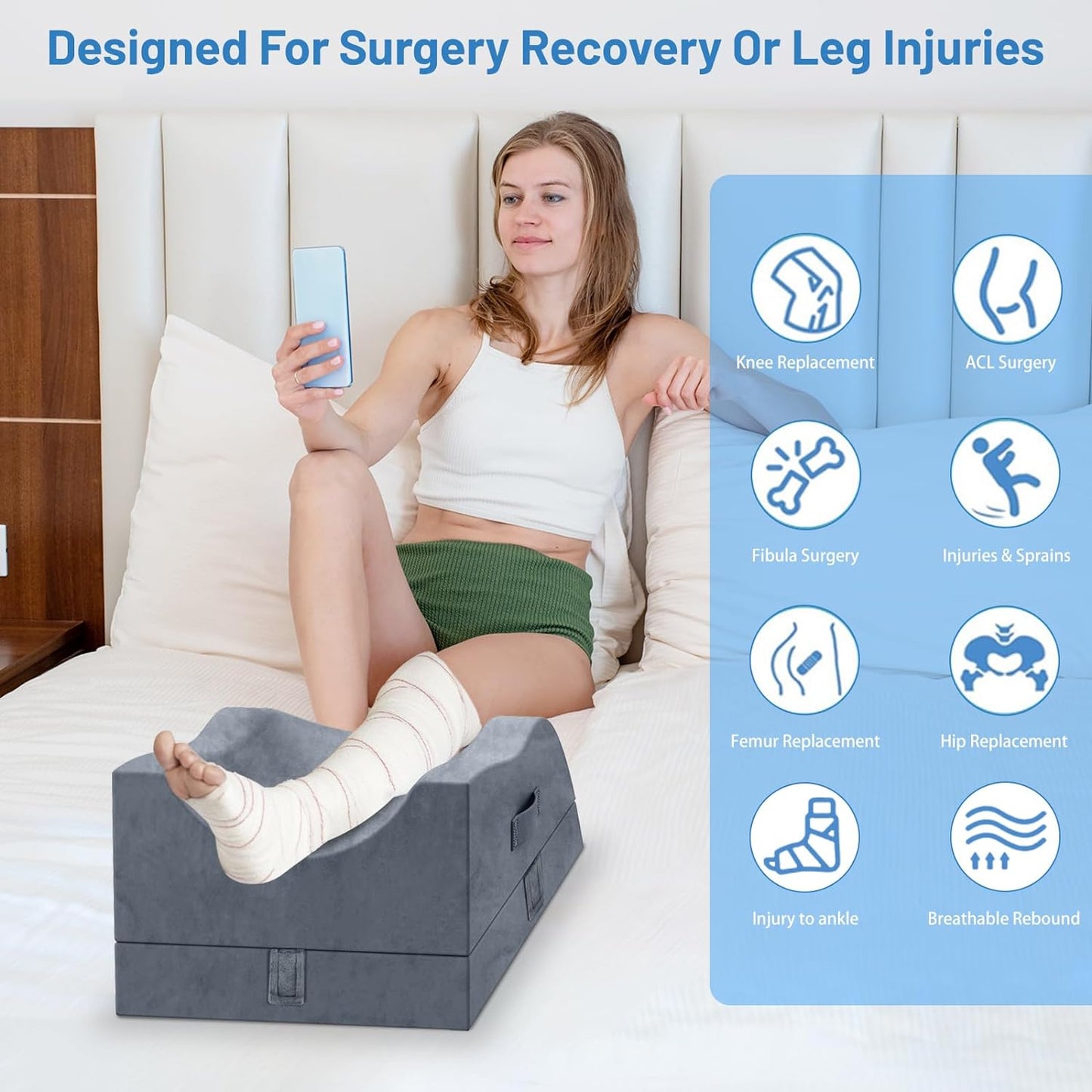 TranquilRelax Leg Elevation Pillows, Wedge Pillow for After Surgery, Memory Foam Leg Support Adjustable, Comfort Care for Back Knee Hip Ankles Pain, Knee Pillow for Sleeping Blood Circulation Grey