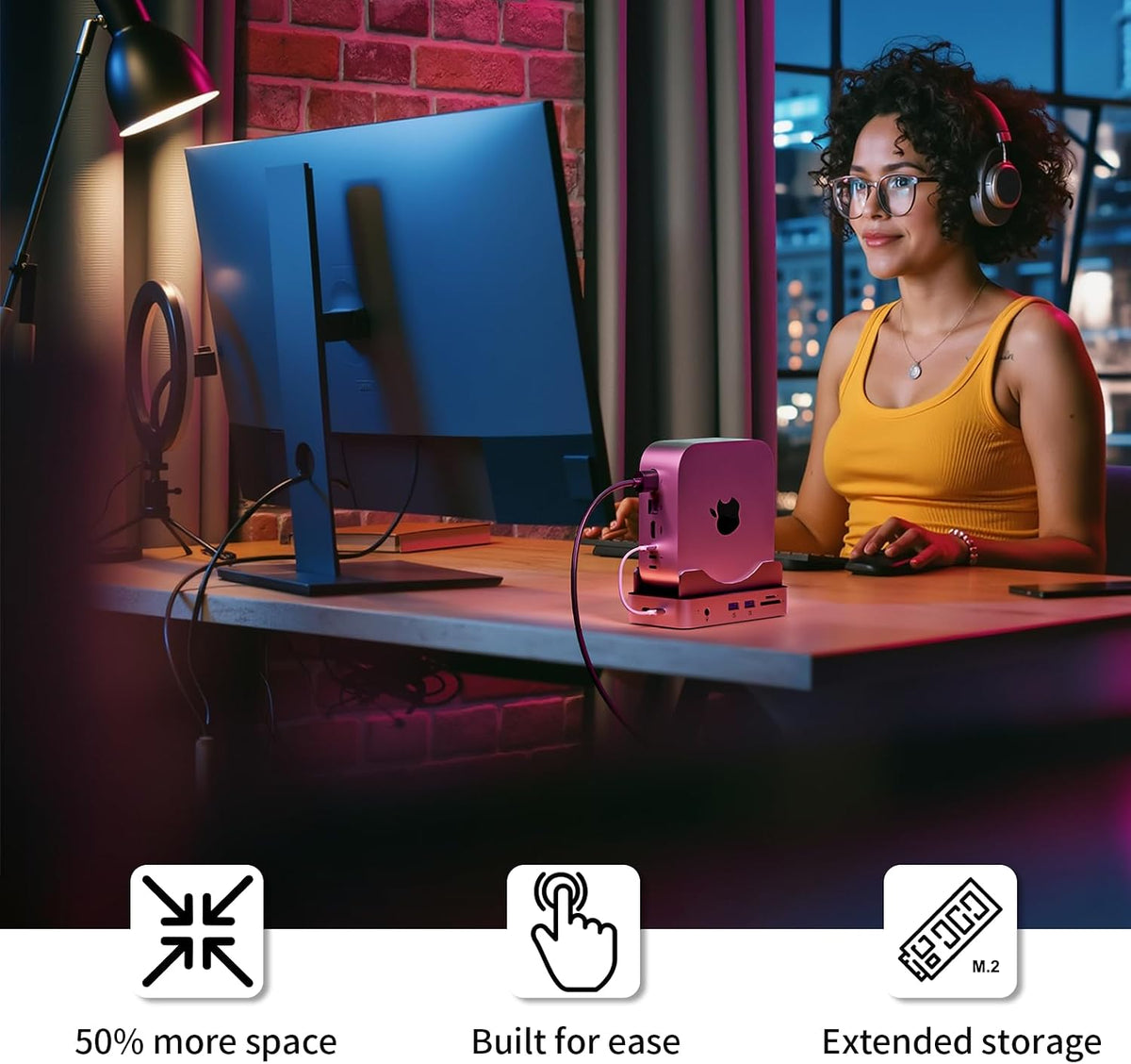 PHIXERO Mac mini M4 Dock and Stand with Up to 8TB M.2 NVMe SSD Enclosure 6-in-1 Aluminum Hub, 10Gbps USB-A&C, SD/TF Reader, Stand Docking Station for Mac mini M4/M4 Pro