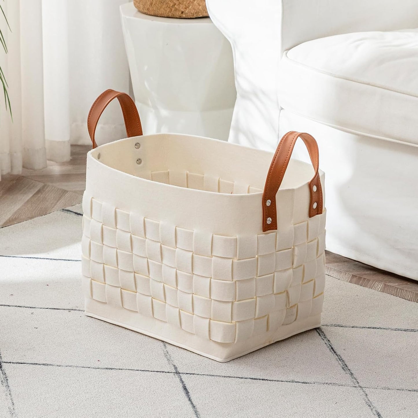 boldmonkey Blankets Basket 16.5 " x13 x13 , Large Rectangular Laundry Hamper with Leather Handle, Soft Dog Toy Basket for Storage-Beige