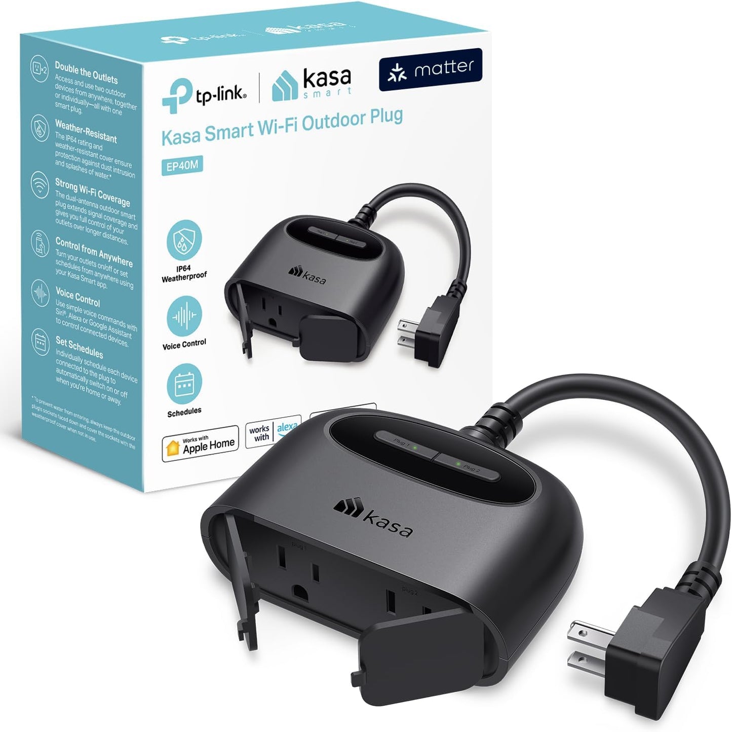 Kasa Outdoor Smart Plug, Smart Home Wi-Fi Outlet with 2 Sockets, IP64 Weather Resistance, Compatible with Alexa, Google Home & IFTTT, No Hub Required, ETL Certified(EP40), Black