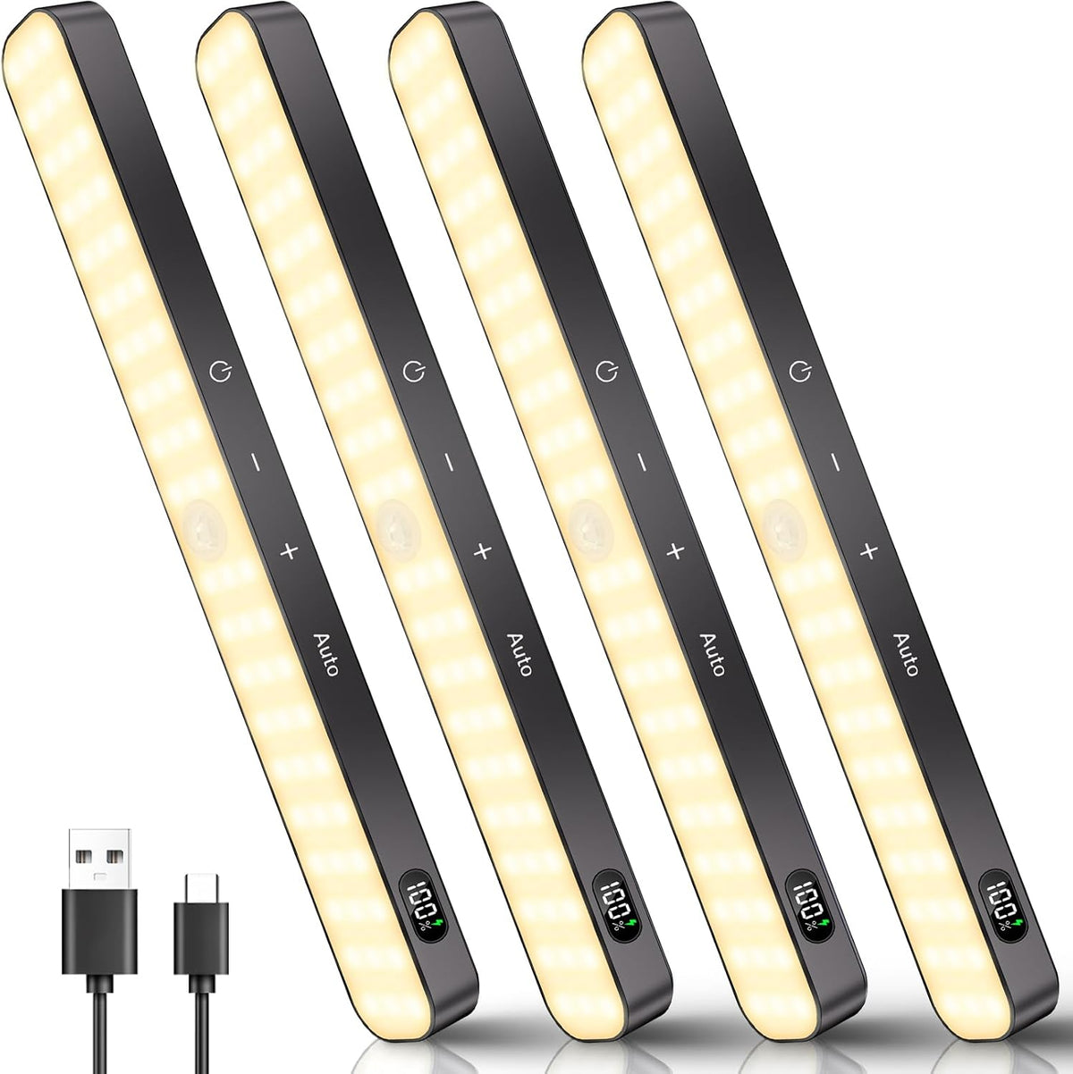 Ferswe Closet Lights Rechargeable, Battery Level Display, Dimmable Battery Powered Lights, 3000K Motion Sensor Light Indoor, 60 LED Touch Light for Kitchen, Closet, Shelf(4 Pack)