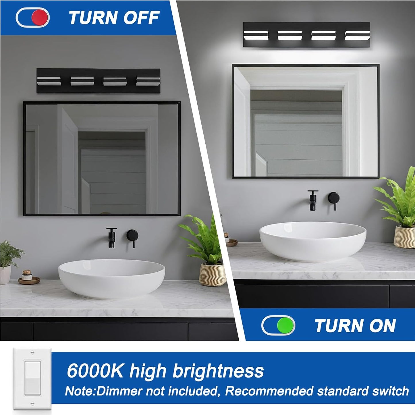 IZORRO LED Modern Bathroom Lights Fixtures(4-Light,Dimmable,360°Rotate),Matte Black Acrylic Wall Lighting,Vanity Lights for Bathroom Over Mirror - 6000k 24In （No Assembly Required）