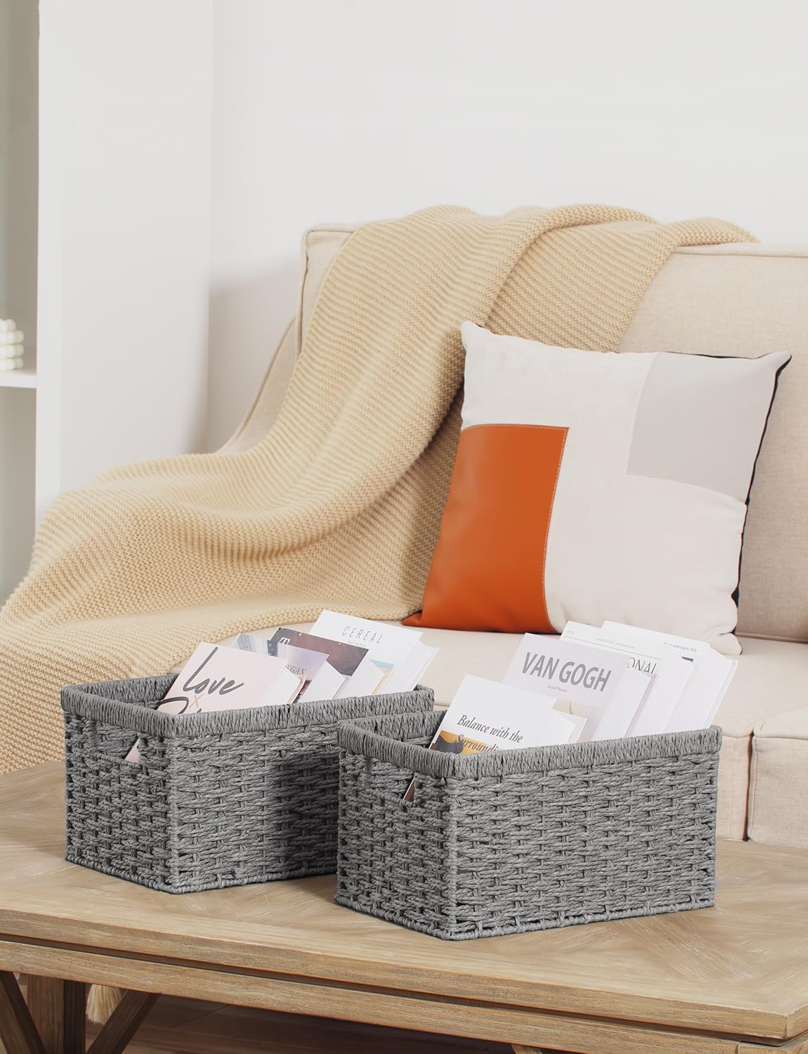 StorageWorks Wicker Storage Baskets, Gray Baskets for Storage, 2-Pack