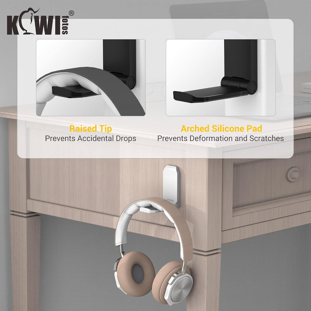 KIWIFOTOS 2 Pack Adhesive Desk Headphone Hanger, PC Gaming Headset Holder Stand, Adhesive Holder Mount for Wall, Foldable Headphones Hook Mount Under Desk - White,Two Pack