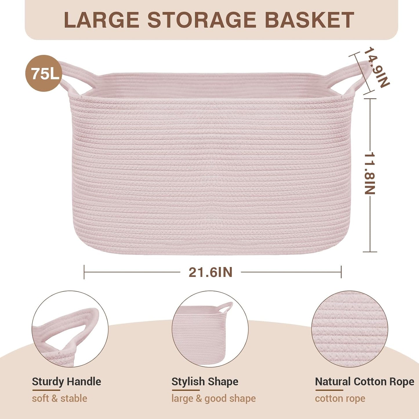 YOUDENOVA Large Blanket Basket, Rectangle Cotton Rope Storage Basket, Pink | 21.6''×14.9''×11.8'' Nursery Laundry Hamper for Storage Clothes Organizing, Woven Basket, Dirty Clothes Organizer Bins