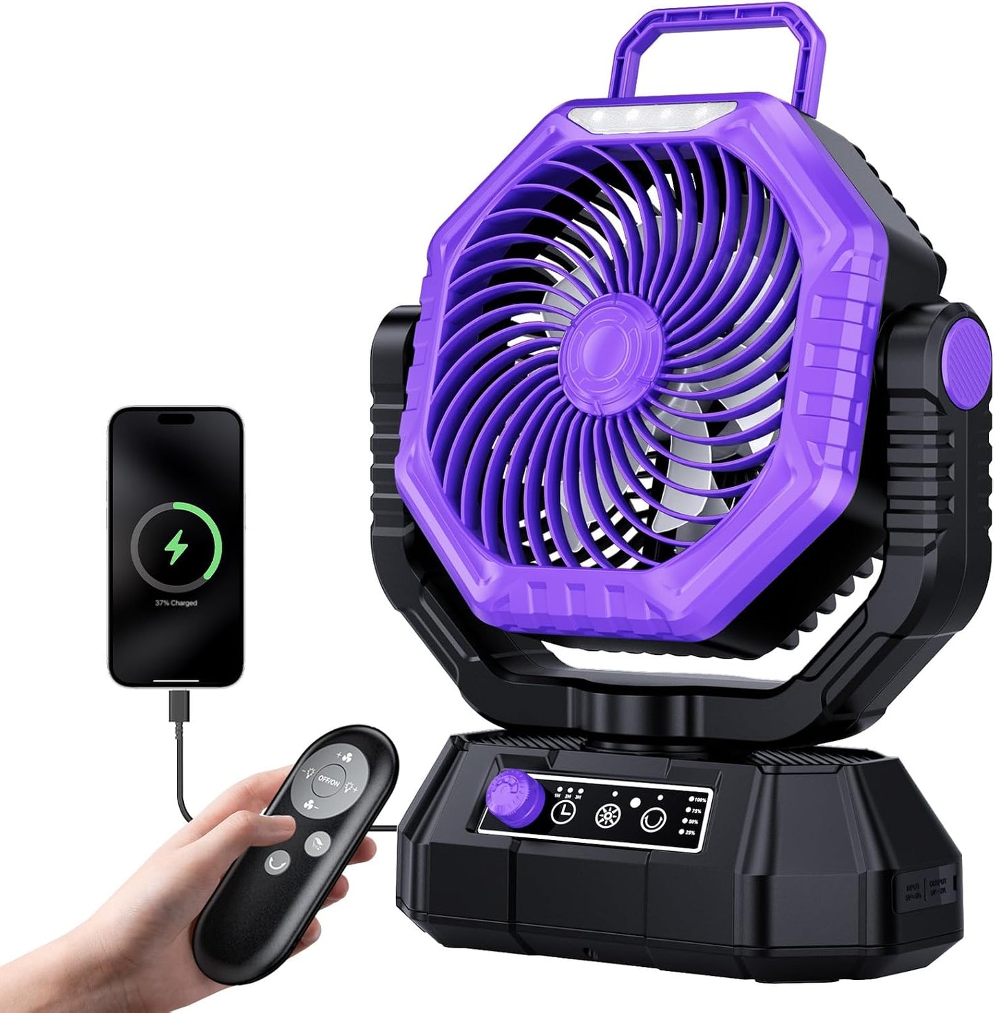 AJVV Camping Fan with Light, Remote and Oscillation, Battery Powered Hanging Tent Fan, Rechargeable Portable for Camp, Outdoor, Emergencies, Fishing, RV Travel, Jobsite