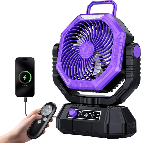 AJVV Camping Fan with Light, Remote and Oscillation, Battery Powered Hanging Tent Fan, Rechargeable Portable for Camp, Outdoor, Emergencies, Fishing, RV Travel, Jobsite