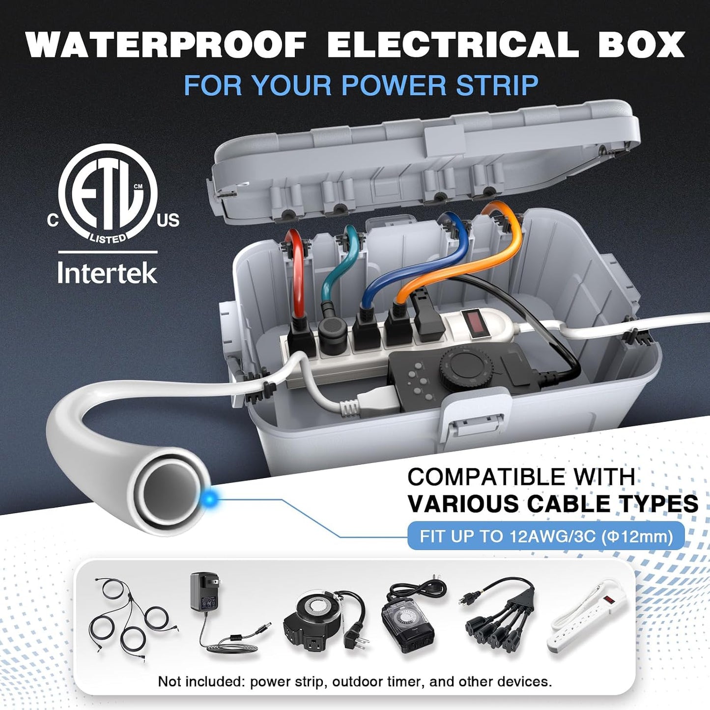 Flemoon Large Outdoor Electrical Box, Waterproof Extension Cord Cover | Inner Size 12 x 7.4 x 3.9 Inch, 6 Cable Entry Ports, Weatherproof Connection Box for Outlet, Timer, Holiday Light, Light Gray