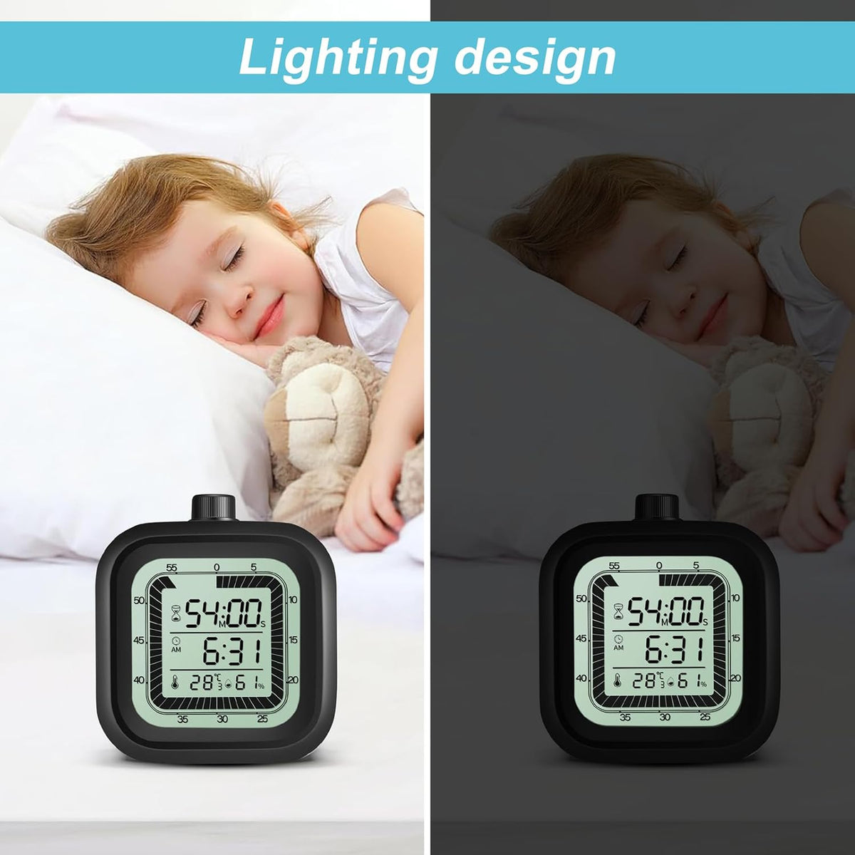 Visual timer for kids with alarm clock countdown count-up 1-60 minutes kitchen timer student bathroom shower clock training timer with digital thermometer hygrometer black
