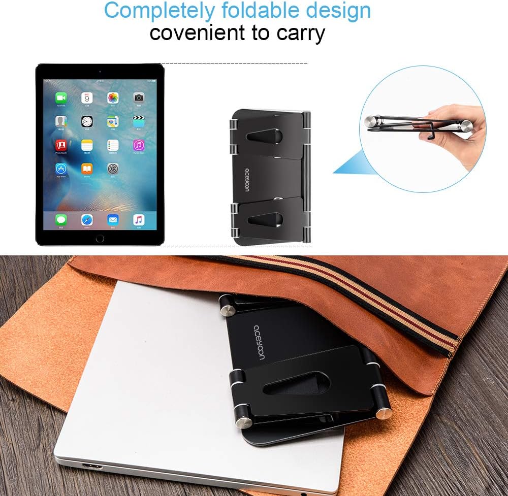 aceyoon Adjustable Tablet Stand, iPad/Cell Phone Holder for Desk, Aluminum Alloy Stand Holder for 2 Phones or a Tablet/Kindle, Sturdy Dual Stands, Foldable and Portable, Black