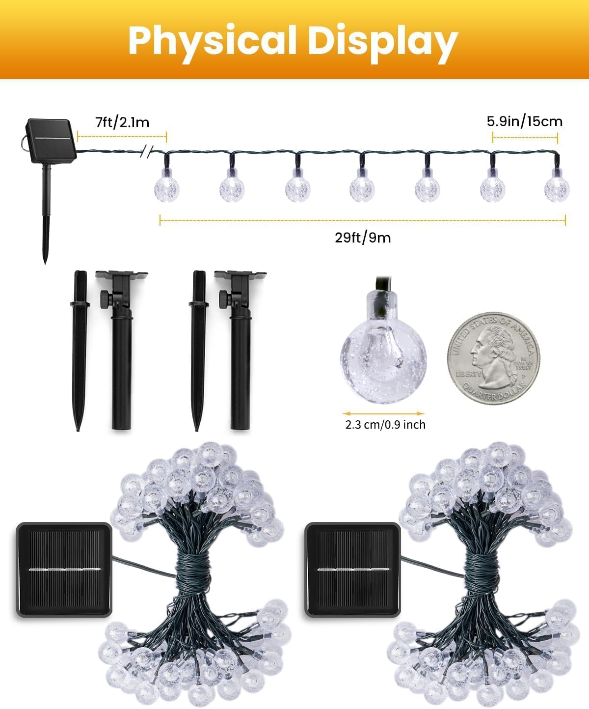 Brightown Solar String Lights Outdoor Waterproof, 2 Pack 60 LED 36.5 FT Each, Solar Powered Patio Lights with 8 Lighting Modes for Garden Yard Porch Wedding Party Decor (Warm White)