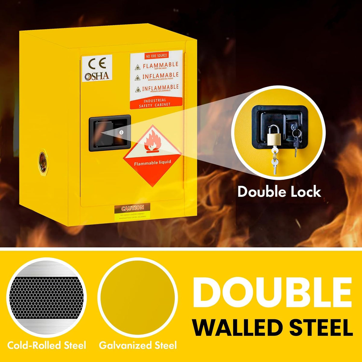 Flammable Storage Cabinet 34"x34"x65", 90 Gallon Chemical Safety Cabinet with Adjustable Shelf, Thickened Galvanized Steel Fireproof Cabinet for Flammable Liquids (25"x20"x20")