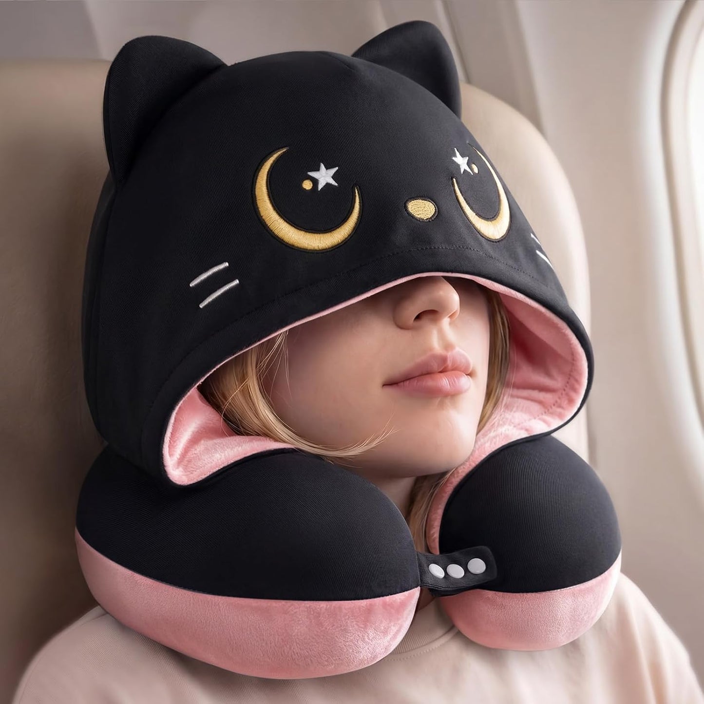 Mewaii Travel Neck Pillow with Hood for Airplanes,Memory Foam,Breathable Ice Silk & Soft Velvet,Double-Sided,Removable to Clean,Adjustable Strap,Portable Travel Pillow for Long Flights Adults & Teens