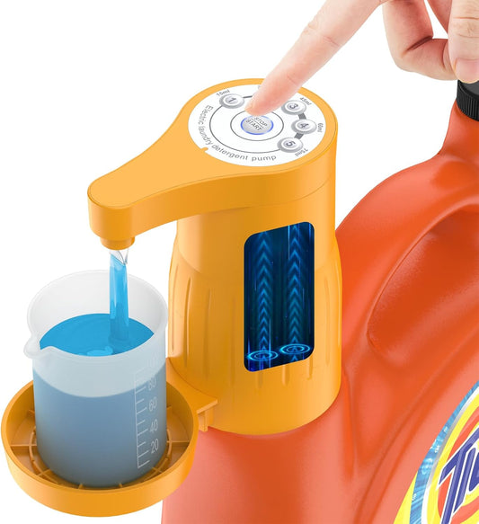 Arlion Detergent Dispenser, Auto Laundry Detergent Dispenser with Silicone Washable Laundry Measuring Cup Graduated Cup, No Waste, USB Rechargeable, Ideal for Laundry Room Organization (Yellow)